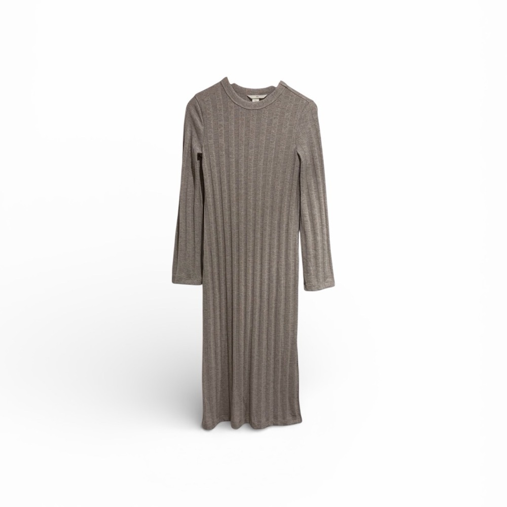 H&M Long Sleeve Beige Ribbed Knit Dress with Side Slit Bell Sleeves